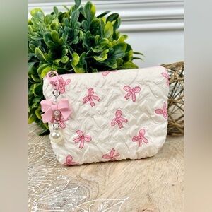 Pink Bow Cosmetic Pouch w/ Pearl Charm - Cute Makeup Bag, Zipper Clutch